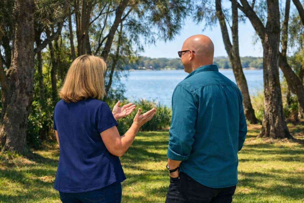 Jason Lockwood, Central Coast counsellor, standing on Tuggerah Lakes Cycleway at The Entrance with a middle‑aged female client whose face is turned away, gesturing as she explains something under bright midday light. Professional counselling for anxiety, ADHD, ASD, depression, and NDIS mental health support across Wyong, Tuggerah, and the Central Coast NSW region.