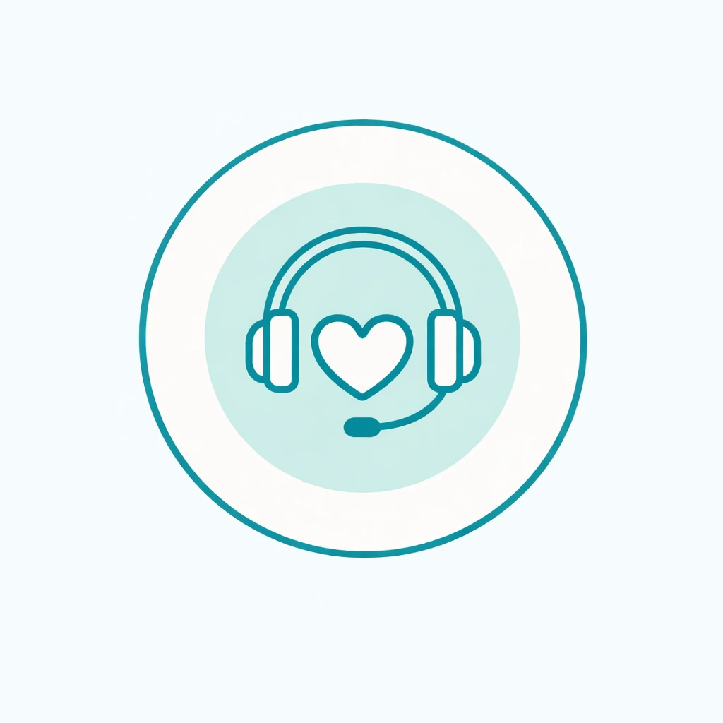 Thin‑line teal headset encircling a heart, representing compassionate online counselling, virtual therapy appointments, and secure digital emotional support for clients across Australia.