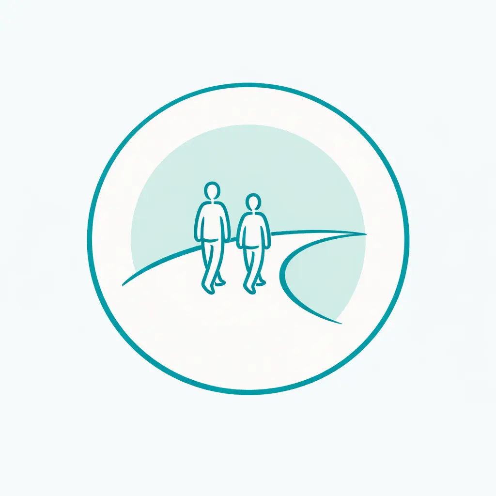 Minimalist teal logo showing two thin-line figures walking side by side along a curved path, symbolising shared guidance, emotional support, and collaborative progress through counselling sessions in Australia.
