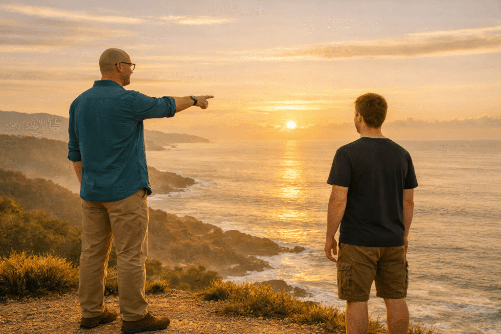 Portrait of an NDIS counsellor providing supportive active listening beside Tuggerah Lake, promoting wellbeing, inclusion, independence and community participation with a young adult participant wearing dark glasses.