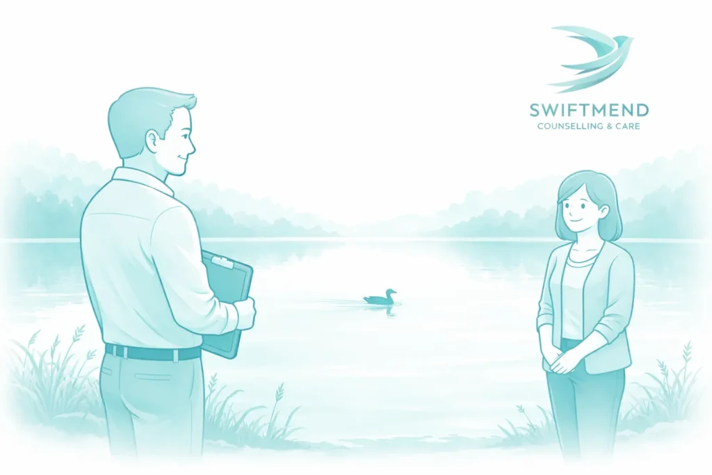 A professional counsellor offering compassionate mental health support in a welcoming therapy office.