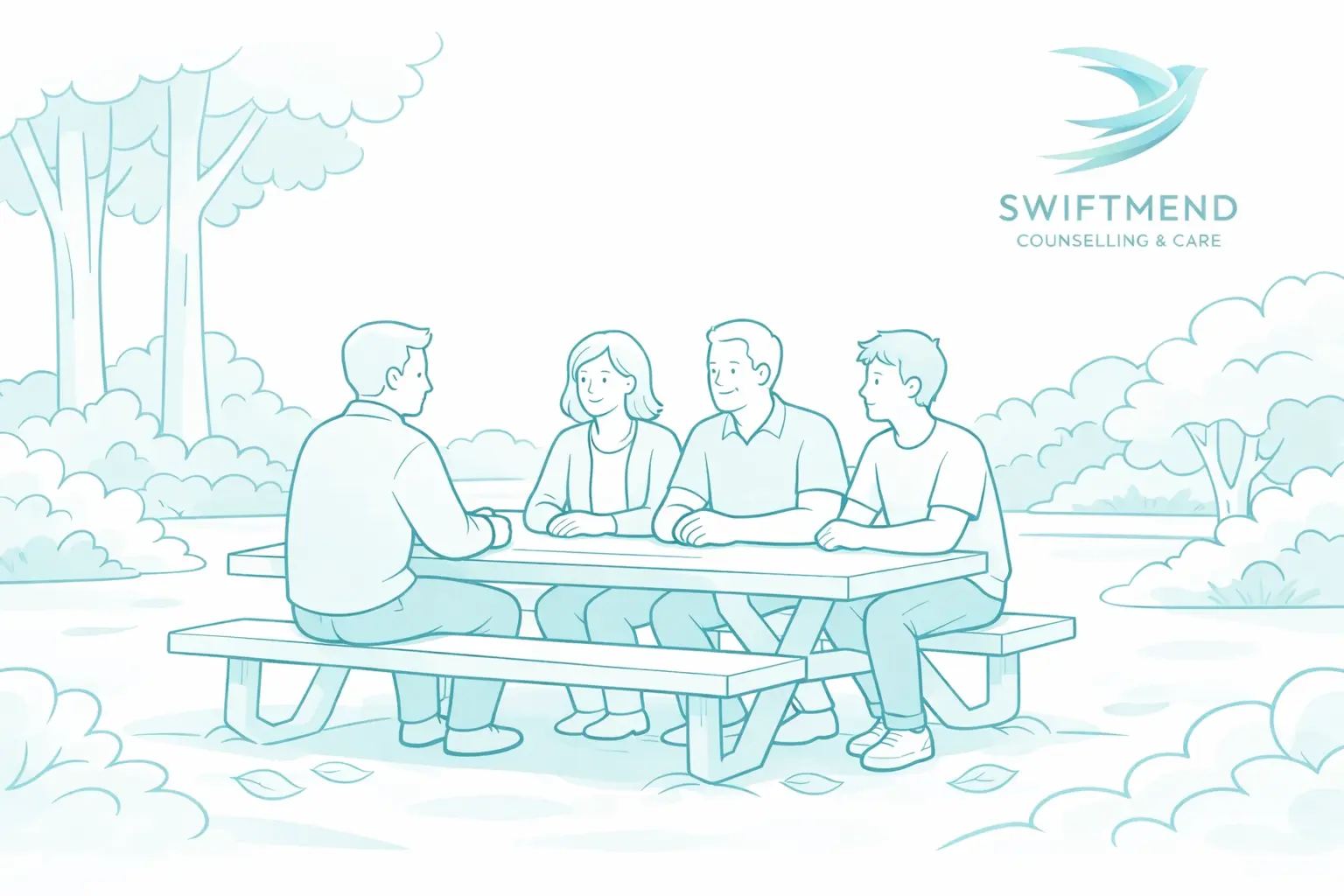 A supportive therapist facilitating a family counselling session to improve communication and mental health.